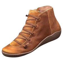 Women'S Winter Boots Clearance,Women Flat Leather Retro Lace-Up Boots Side Zipper Plus Shoe Boots Brown