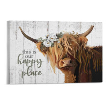 Highland Cow "This Is Our Happy Place" Canvas Print, Winter Scene Wall Art, Wooden Framed, 128 in, for Living Room, Bedroom, Office