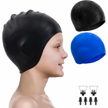 Kids Swim Caps Silicone 2 Pack with 3D Ear Pockets