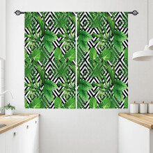 Green Leaf Rod Pocket Blackout Curtains, Banana Palm Lattice Print, Tropical Theme, 2 Panels, 26x36 in