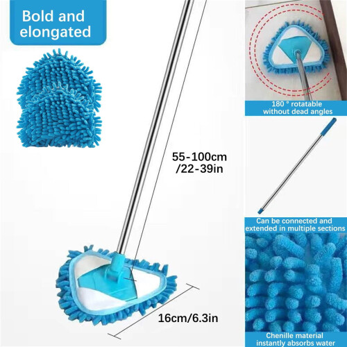 Rotatable Triangle Cleaning Mop with Replacement Heads, 180 Rotating, Extendable, Wet/Dry Microfiber, Compatible with Standard Handles