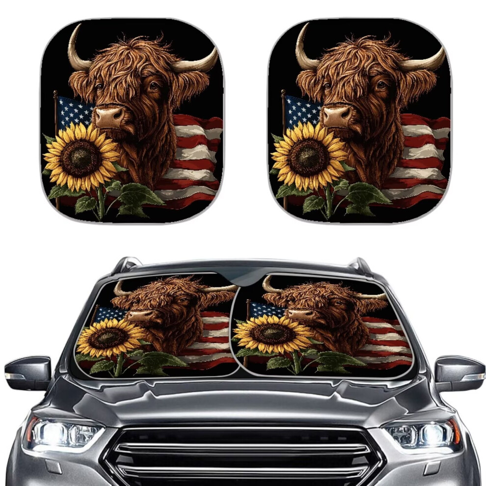 Foldable Heat-Resistant Car Sun Shade Set Â Windshield Protector With Highland Cow & American Flag Design, 2-Piece 9448483106481