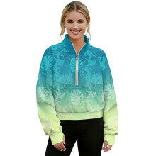 Women's Cropped Pullover Sweatshirt with Kangaroo Pocket & Thumbholes, Half/Quarter Zip, Monstera Teal Gradient – M