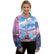 Women's Half-Zip Cropped Sweatshirt with Capybara Graphic, Thumb Hole Sleeves, Pink Flower & Snowy Mountain Design – S