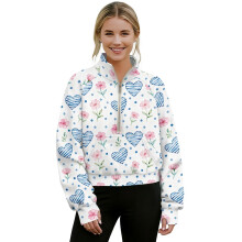 Felpa corta da donna, mezza zip, maniche lunghe con fori per i pollici, top sportivo morbido – Fiori rosa, cuori e pois, blu/bianco, M, San