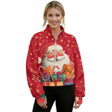 Women's Oversized Cropped Quarter-Zip Pullover Sweater with Thumbholes, Santa/Candy Cane Pattern – Red, XS, Fall/Winter