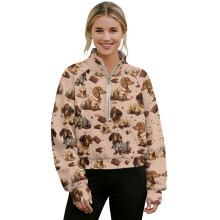 Women's Lightweight Zip-Up Sweatshirt with Thumbholes & Dachshund Print, Beige, 2XL – Compatible with Gym & Casual Wear