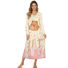 Women's Long Sleeve V-Neck Nightgown – Soft Button-Front Sleepshirt, Capybara Cake Print, Beige & Pink, M, Compatible with Lounge & Bedroom Wear