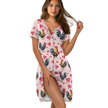 Women's Short Sleeve Button-Front Nightgown, Soft Loungewear Sleepdress – 3XL, Pink Rooster Design, Valentine’s Day – Compatible with US Sizing