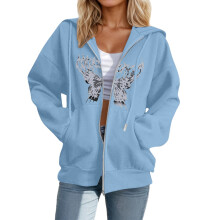 Womens Casual Zip Up Hoodies Oversized Fashion Butterfly Printed Comfort Long Sleeve Sweatshirts Trendy Pullover Tops For Women