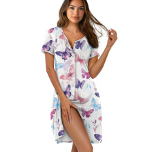 Women's Short Sleeve Button-Down Nightgown, Knee-Length Loungewear Dress – Violet Blue/Pink/Butterfly/White, XL, Compatible with Sleep & Relax