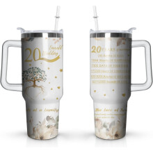Beker voor het 20-jarig jubileum, roestvrijstalen drinkbeker van 1,2 liter met handvat en rietje – perfect als cadeau voor stellen, ouders en