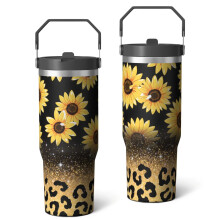 30 Oz Yellow Leopard Sunflower Tumbler with Lid & Straw – Birthday, Thanksgiving, Halloween, Christmas Gift – Compatible with Standard Car Cup