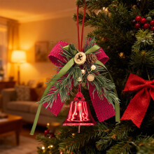 Gold Iron Christmas Ornament with Bow Pine Cones and Bells