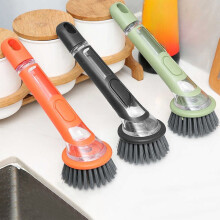 Cepillo de mango largo para lavar platos, ideal para ollas y sartenes: llenado automático, cabezal compacto, fácil agarre y limpieza profunda.