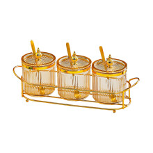 Gold Spice Organizer Set - 3 Airtight Jars with Spoons & Metal Rack, 12.7" Kitchen Storage Containers