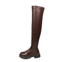 Botas elásticas acima do joelho para mulheres, com salto médio, bico redondo, sola grossa, material PU marrom, tamanho 3,5 EUA, ideais para outono