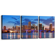 Stadtpanorama-Wandbild-Set (3-teilig) – Miami Beach Skyline bei Nacht, 30,5 x 40,6 x 7,6 cm, moderne Wohndekoration für Wohnzimmer, Schlafzimmer,