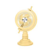 Ventilatore da tavolo giallo ricaricabile tramite USB, con altezza regolabile e 3 velocità.