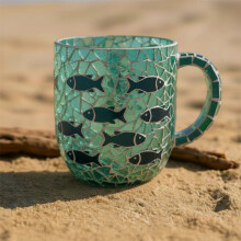 Mug en verre soufflé à la main, motif vague bleue côtière, 35 cl