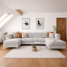 (Light Grey, U-Shape Sofa) Monaco U Shape Corner Sofa Chesterfield Plush Velvet Large Sofa Set Luxury Tufted Design UK