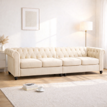 (4 Seater, Cream) Hampton Chesterfield Sofa Set 2 Seater, 3 Seater, Armchair Plush Velvet Couch Tufted Design