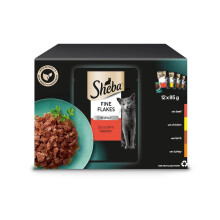 Sheba Fine Flakes Wet Cat Food Pouches - MultiPack Succulent Collection with Beef, Chicken, Lamb and Turkey in Jelly, Pack of 4 (4 x 12 Pouches x 85
