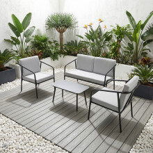 (Grey, with cover) MALIBU GARDEN SOFA SET 4 SEATER OUTDOOR CORNER SOFA with GLASS TABLE