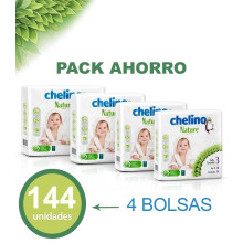 Pack 4 Bolsas Pañales Chelino Nature Talla 3 (4-10 kg) Hipoalergénicos - 144 Pañales