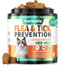 Carmelie Flea and Tick Chews for Cats - 200 Chewables Natural Cats Fleas and Ticks Prevention – Cat Flea Tick Support, Cat Flea Soft Treats for All