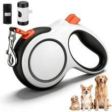Retractable Dog Lead 8m/26ft, Extendable Dog Leash with 360 Tangle-Free Braided Rope, One-Hand Quick Brake Lock, Anti-Slip Handle & Poop Bag Holder f