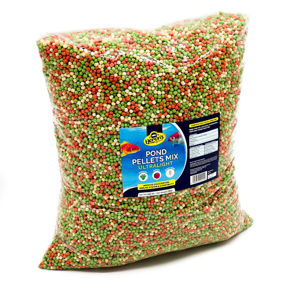 Photos - Fish Food HERONS - Pond Pellets Mix Ultralight 15L - Floating Pellets for Koi, Carp and Coldwater Fish - Immune System Boost - With Sp