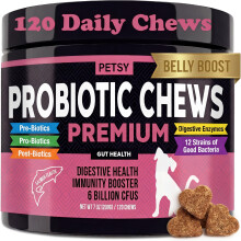 Probiotics for Dogs 5BIL CFUs FOS, PreBiotics, 12 Strains Good Bacteria Gut Skin Immune Itch Diarrhoea Premium Formula |100 Salmon Flav Daily chews |