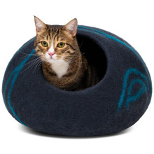 MEOWFIA Cat Cave – Premium Felt Cat Bed for Indoor Cats, Handmade Merino Wool (Black Aqua, Medium)