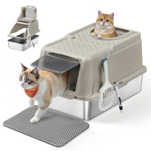 Feandrea Stainless Steel Cat Litter Box with Flip Lid, XL Enclosed Litter Box wi