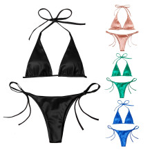 Tacar Bikini 2 phíosa do Mhná: Muineál Halter, Lása Suas, Gan Sreang Stuáilte, Strapa Spaigití, Dath Soladach