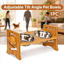 Adjustable Elevated Dog & Cat Bowls for Small Breeds – 2 Stainless Steel Bowls, Tilted Stand for Fast Eaters & Spinal Alignment