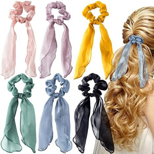 Elásticos de cabelo com laço em cetim de seda, 6 peças