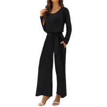 Tuta intera estiva da donna nera casual, tinta unita, maniche lunghe, cintura in vita, tasche, effetto contenitivo sull'addome – adatta per essere