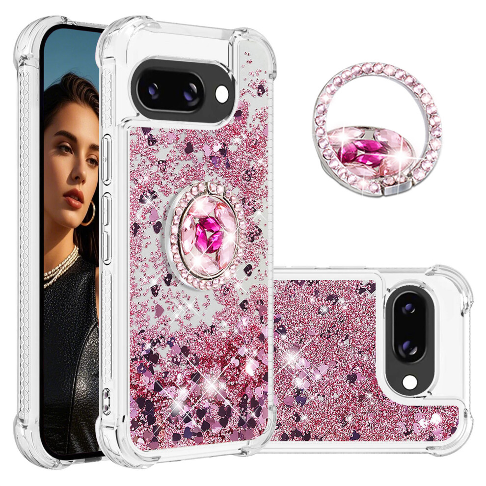 Ccsmall Clear Glitter Case For Google Pixel 9A Â Quicksand Sparkly Cover With Diamond Ring & Kickstand, Rose Gold 9489952733197
