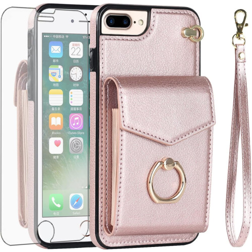 iPhone 7/8 Plus Wallet Case with HD Screen Protector, RFID Blocking, Ring Stand & Card Holder – Compatible with iPhone 7plus/8plus