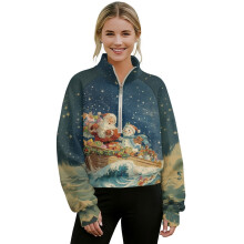 Women's Half-Zip Cropped Sweatshirt, Loose Graphic Pullover with Thumbholes, Mock Neck, Santa/Snowman/Star Print – Compatible with Christmas