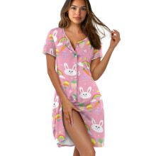 Camisola feminina de manga curta, macia com botões, acima do joelho, folgada para dormir – tamanho 3XL, tema coelhinho da Páscoa, compatível com