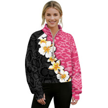 Women's Cropped 1/2-Zip Sweatshirt with Thumbholes, Mock Neck, Oversized Fit, Soft Hoodie – Tropical Hibiscus Animal Print, Pink, 3XL