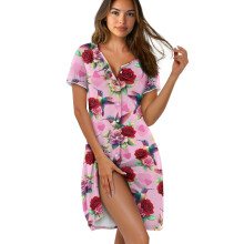 Camisola feminina de manga curta com botões, gola redonda, tamanho 2XL, estampa de beija-flor e rosa, ideal para o Dia dos Namorados.