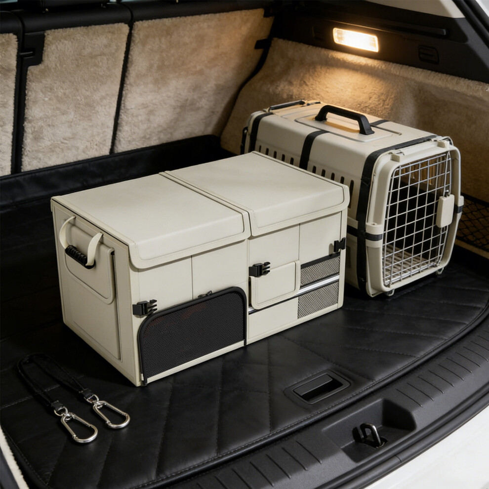 Foldable Car Trunk Organizer With Lid - Waterproof Storage Box For Suv, Collapsible To Save Space, Keeps Backseat Tidy(Beige) Beige 9489952805573