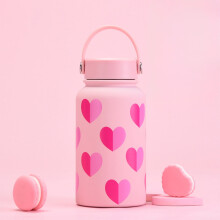 Stainless Steel Insulated Coffee Mug with Straw - Large Capacity Insulated Cup, Wide Mouth Portable Printed Vacuum Insulated Cup-Light pink E-style