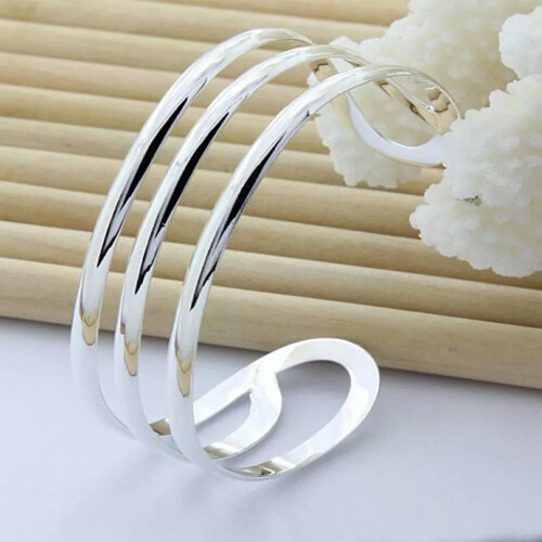 925 Sterling Silver Classic Adjustable Three Line Cuff Bangle Bracelet for Women-default