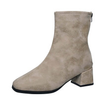 Botas femininas de cano médio com salto grosso, bico redondo, PU, tamanho US 9 (10,24"), salto de 2,17", para uso interno e externo.