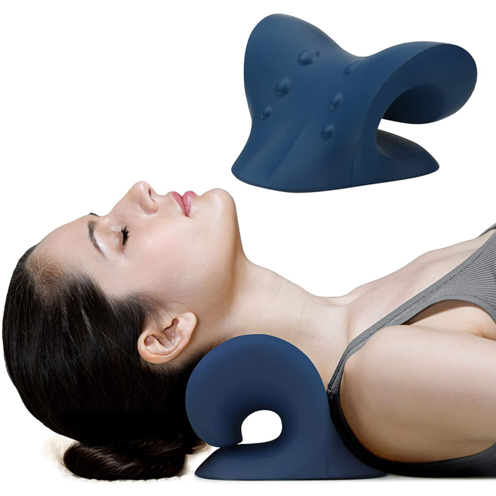 Blue Neck And Shoulder Relaxer, Cervical Traction Device For Tmj Pain Relief And Cervical Spine Alignment, Chiropractic Pillow Neck Stretcher (Blue)